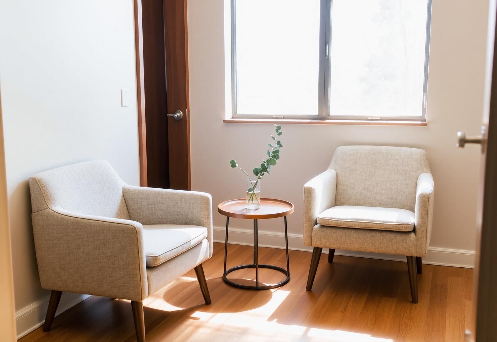 Two upholstered chairs in a calm Dallas Therapy Associates therapy office