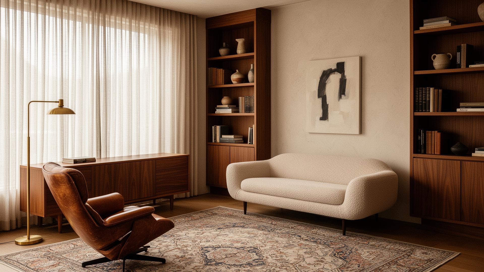 The interior of a Dallas Therapy Associates office — walnut shelving, warm natural light, mid-century furnishings